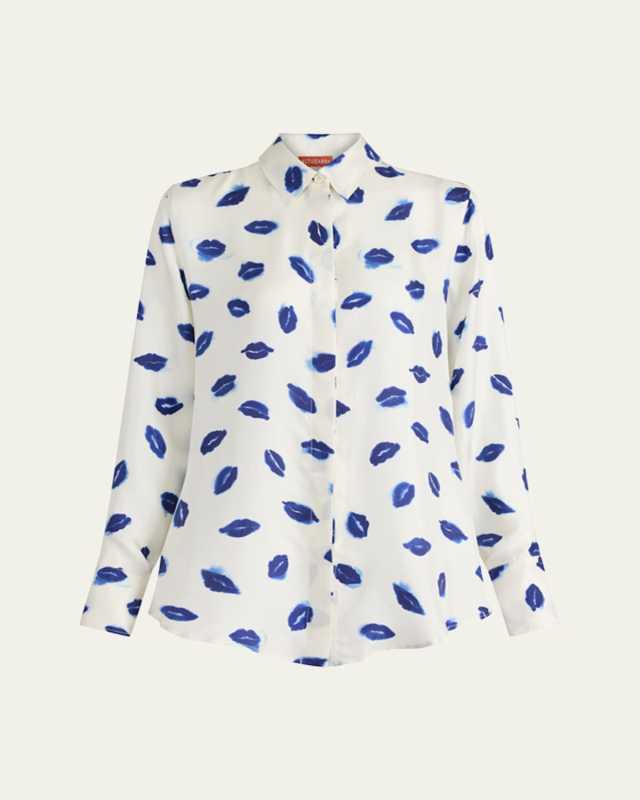 Chika Lip-Print Silk Button-Down Top